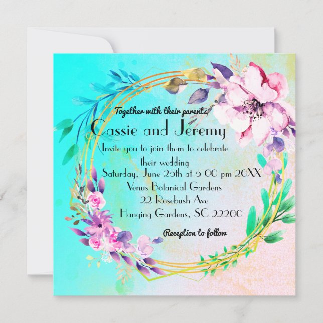 Invitación de boda con corona floral vibrante (Anverso)
