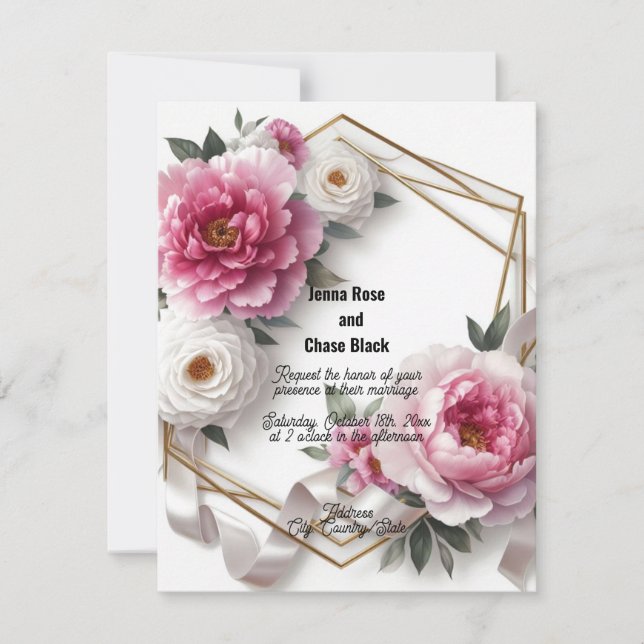 Invitación de boda con corona geométrica de peonía (Anverso)