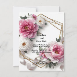 Invitación de boda con corona geométrica de peonía