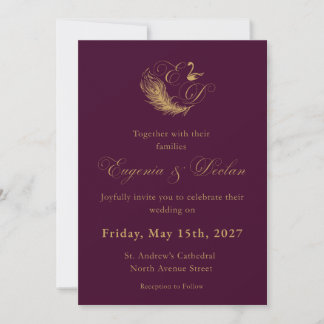 Invitación de boda con cresta de cisne púrpura y d