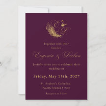 Invitación de boda con cresta de cisne púrpura y d