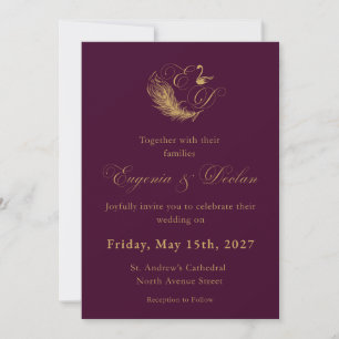 Invitación de boda con cresta de cisne púrpura y d