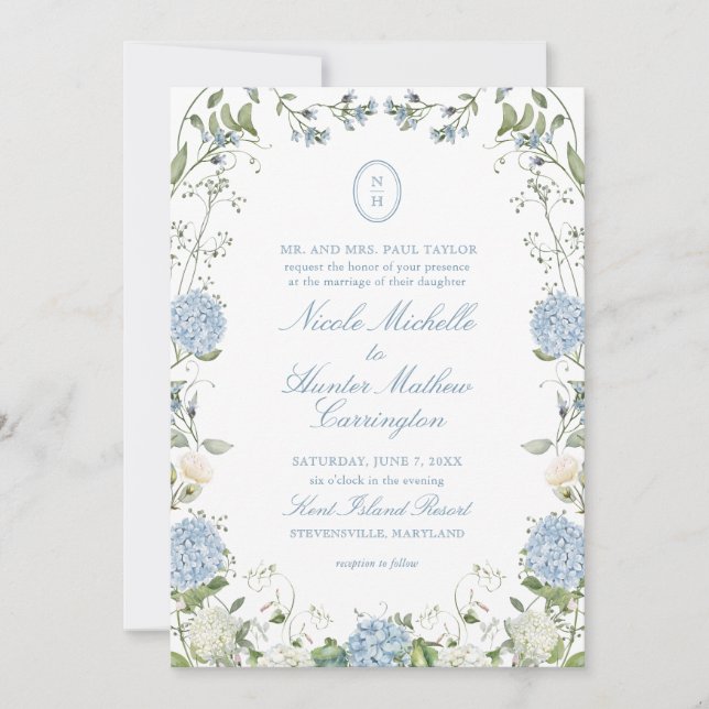 Invitación de boda con cresta de monograma de Hort (Anverso)
