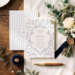 Invitación de boda con cresta de toile azul elegan