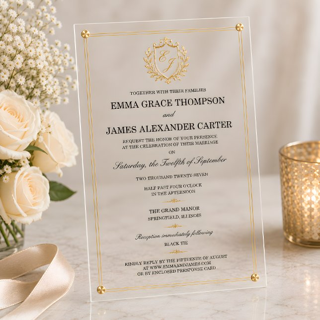 Invitación de boda con cresta dorada de acrílico t (Custom Clear Acrylic Gold Crest Wedding Invitation)