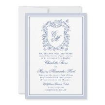 Invitación de boda con cresta floral vintage azul