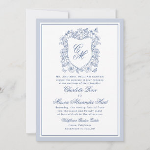 Invitación de boda con cresta floral vintage azul