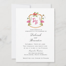 Invitación de boda con cresta monogramada con flor