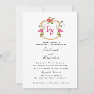 Invitación de boda con cresta monogramada con flor