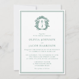 Invitación de boda con cresta verde elegante