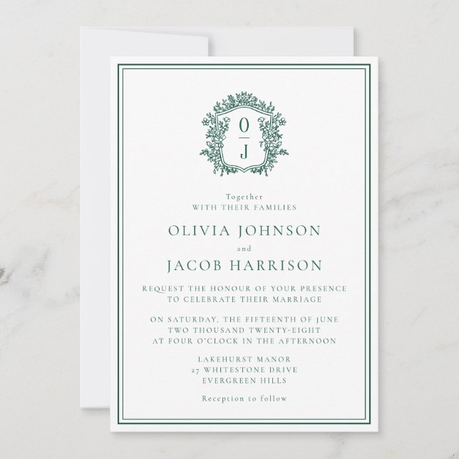 Invitación de boda con cresta verde elegante (Anverso)