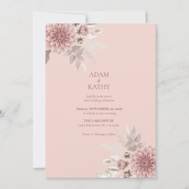 Invitación de boda con dalia rosa sonrojado (Anverso)