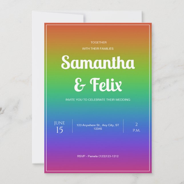 Invitación de boda con degradado de tono de arcoír (Anverso)