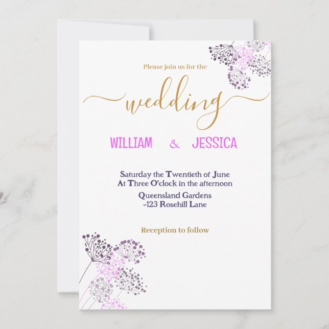 Invitación de boda con dibujo botánico moderno (Anverso)