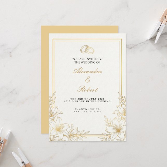 Invitación de boda con dibujo de línea de lirio do (Anverso/Reverso In Situ)