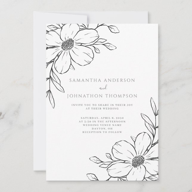 Invitación de boda con dibujo de línea floral negr (Anverso)