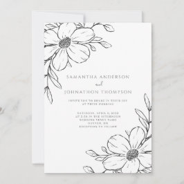 Invitación de boda con dibujo de línea floral negr
