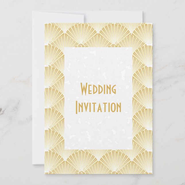 Invitación de boda con diseño Art Deco dorado (Anverso)