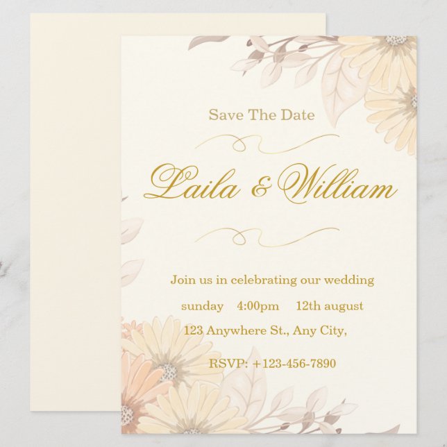 Invitación de boda con diseño floral pastel (Anverso / Reverso)