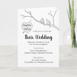 Invitación de boda con dos palomas y corazón de ár