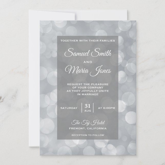 Invitación de Boda con Efecto Bokeh Gris Plateado  (Anverso)