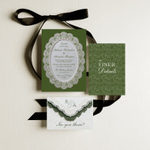 Invitación de boda con encaje vintage en verde oli