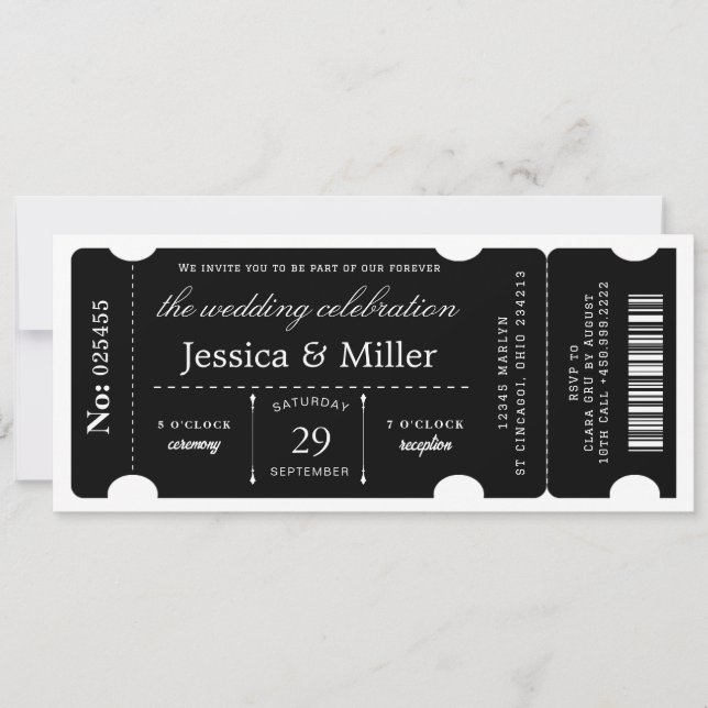 Invitación de boda con entrada negra elegante (Anverso)