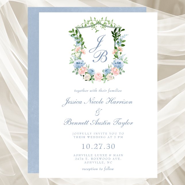 Invitación de boda con escudo floral azul polvorie (Subido por el creador)