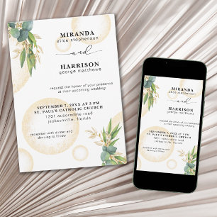 Invitación de boda con esferas doradas y botánica
