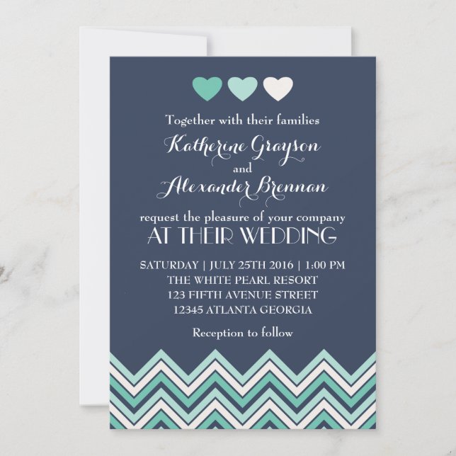 Invitación de boda con estampado de chevron azul m (Anverso)