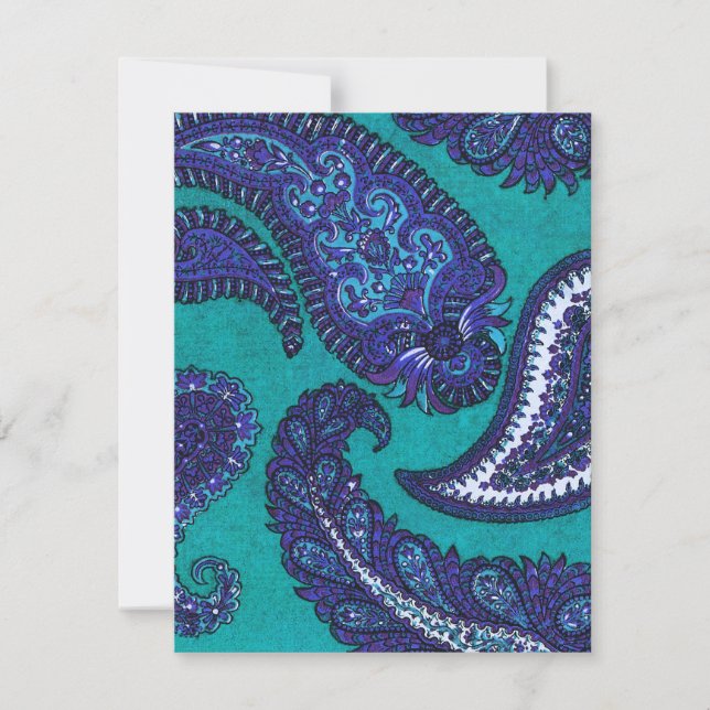 Invitación de boda con estampado paisley azul y ac (Anverso)