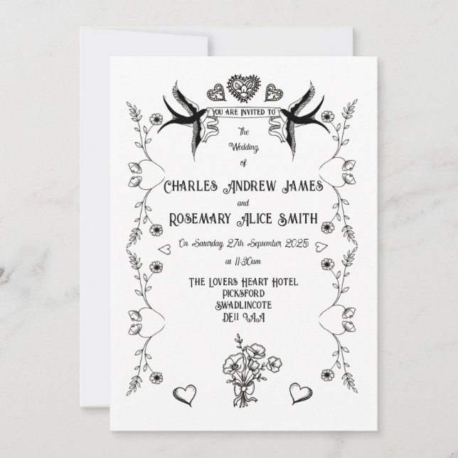Invitación de Boda con Estilo de Tatuaje Antiguo (Anverso)