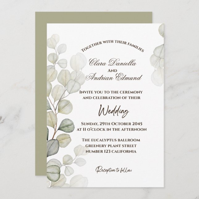 Invitación de boda con eucalipto acuarela (Anverso / Reverso)