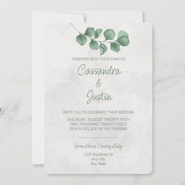 Invitación de boda con eucalipto acuarela (Anverso)