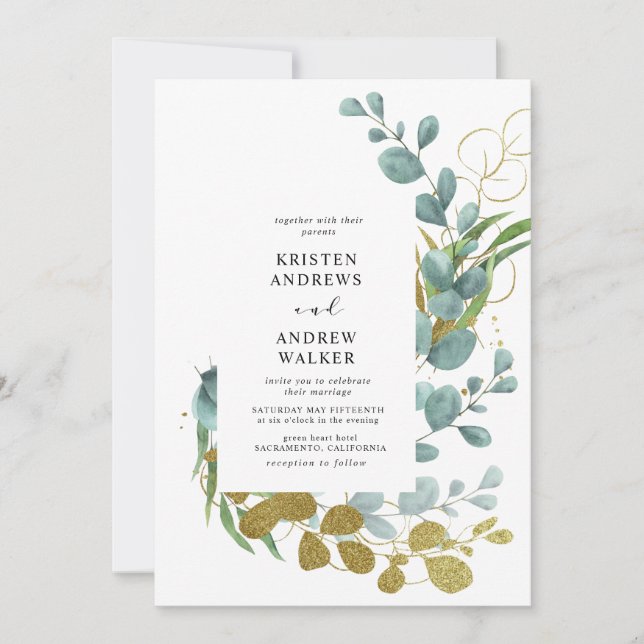 invitación de boda con eucalipto dorado (Anverso)