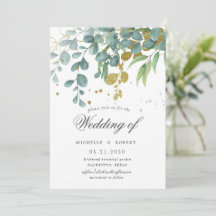 invitación de boda con eucalipto dorado y vegetaci