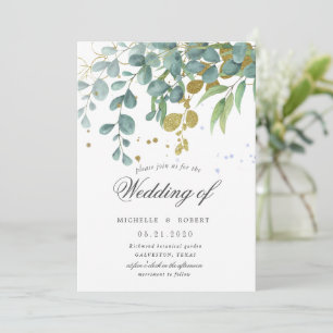 invitación de boda con eucalipto dorado y vegetaci