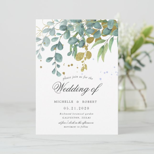 invitación de boda con eucalipto dorado y vegetaci (Anverso de pie)
