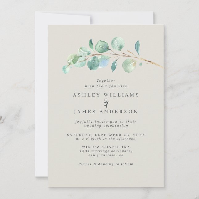 Invitación de Boda con Eucalipto en Acuarela (Anverso)