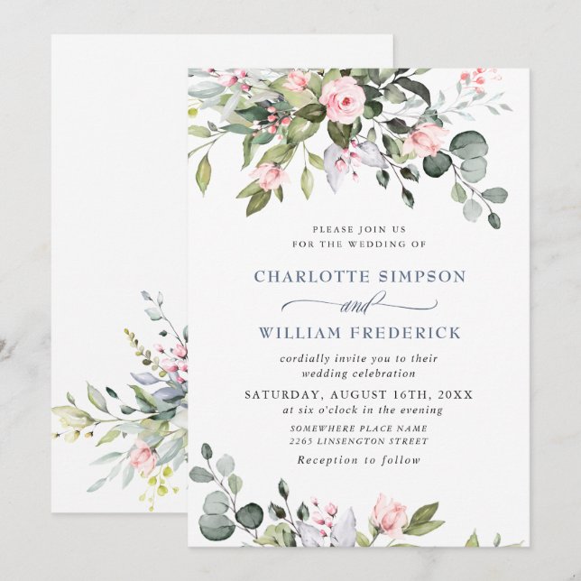 Invitación de boda con eucalipto verde acuarela (Anverso / Reverso)