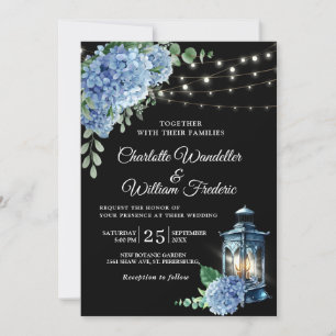 Invitación de boda con farol de hortensia azul sob