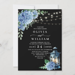 Invitación de boda con farol de hortensia azul sob