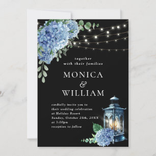 Invitación de boda con farol de hortensia azul sob