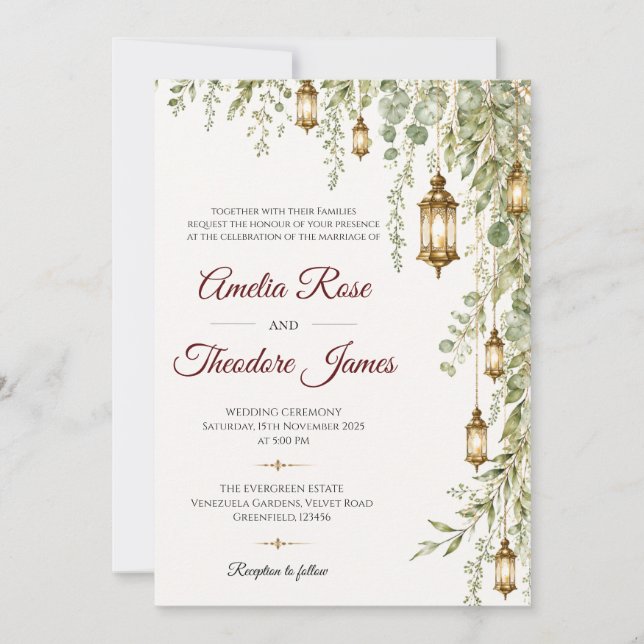 Invitación de boda con farol elegante de acuarela (Anverso)
