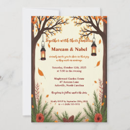 Invitación de boda con faroles de bosque otoñal rú