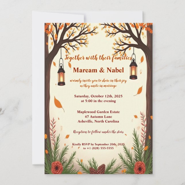 Invitación de boda con faroles de bosque otoñal rú (Anverso)