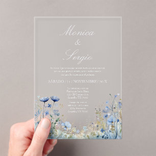 Invitación de boda con flor azul acrílica en españ