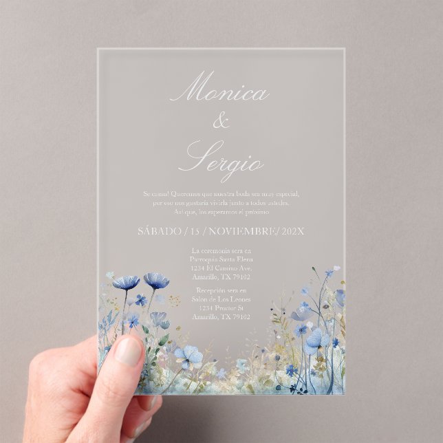 Invitación de boda con flor azul acrílica en españ (Insitu (portátil))