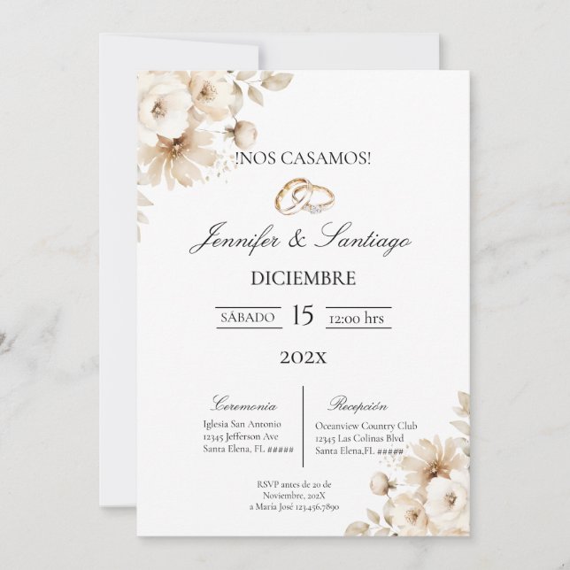 Invitación de boda con flor blanca (Anverso)