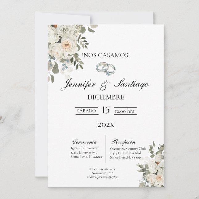 Invitación de boda con flor blanca (Anverso)